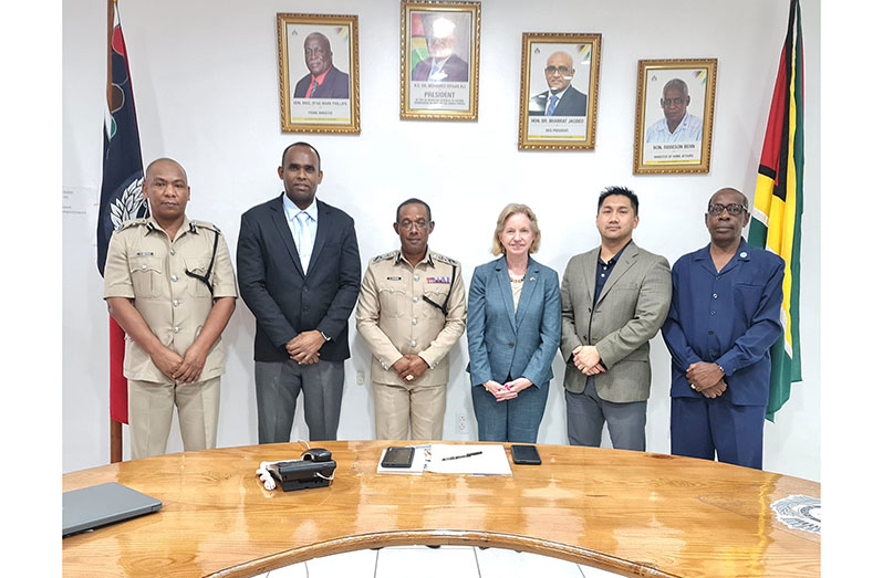 From left to right: Deputy Commissioner 'Administration' Calvin Brutus, Crime Chief Wendel Blanhum, Commissioner of Police (ag) Clifton Hicken, US Ambassador to Guyana, Sarah-Ann Lynch and two US officials following the meeting at Eve Leary ( Guyana Police Force photo)