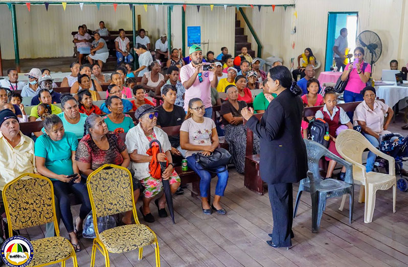 Minister of Human Services and Social Security, Dr. Vindhya Persaud addresses the residents in Kwakwani
