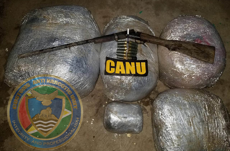 The a single-barrel 12-gauge shotgun and the cannabis seized by CANU ranks