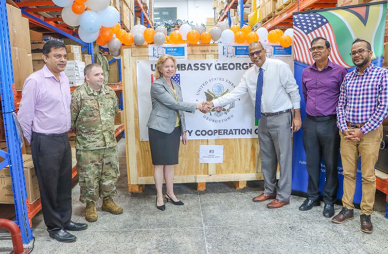 (From left) Chief Medical Officer, Dr. Narine Singh; a member of the US Southern Command; United States Ambassador to Guyana, Sarah-Ann Lynch; Minister of Health, Dr. Frank Anthony; Director General, Dr. Vishwa Mahadeo, and Regional Health Officer, Ravendra Dudhnath