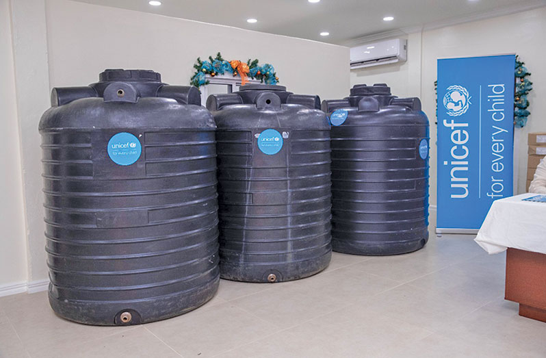Some of the water tanks the CDC received to help address humanitarian needs in Guyana (CDC photo)