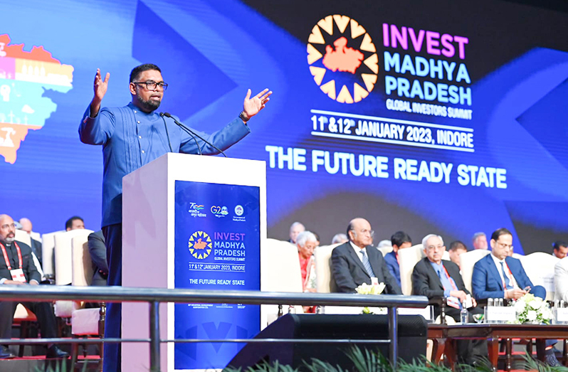 President, Dr. Mohamed Irfaan Ali addressing the Global Investors Summit (DPI photo)