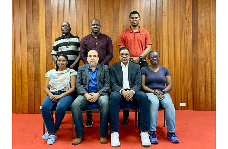 Some members of the new GBF Executive body: (sitting L-R), Sileena Arjune (TD); Michael Singh (president); Patrick Haynes (General Secretary) and Leon Kyte (at Large Member). (standing L-R): Dennis Clarke (At Large Member), Rawle Toney (VP) and Jermaine Slater (VP).