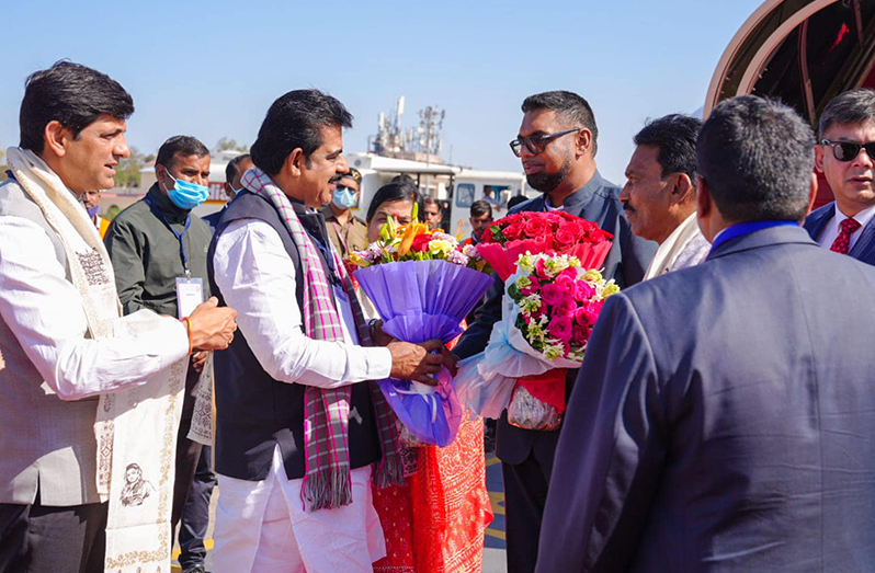 Cabinet Ministers of the Indian Government, Members of Parliament and local leaders have welcomed President Dr. Irfaan Ali upon his arrival in Indore, Madhya Pradesh on Sunday (Office of the President photo)