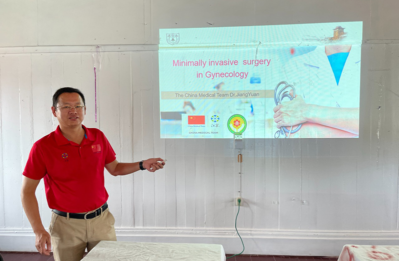 Obstetrician Gynaecologist, Dr. Jiang Yuan, explains his topic and shared slides with the 
West Demerara Regional Hospital's medical practitioners