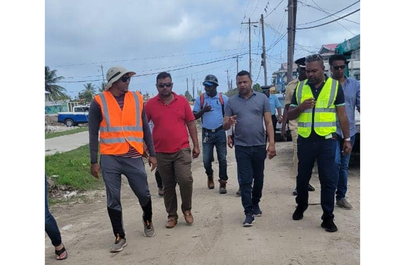Minister within the Ministry of Public Works inspecting works done so far as part of the Independence Boulevard enhancement project (Minister Indar photos)