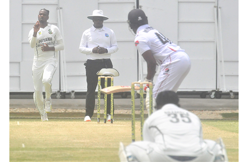 Pacer Ronsford Beaton about to dismiss Daren Bravo  for 15 on his way to 4-32.