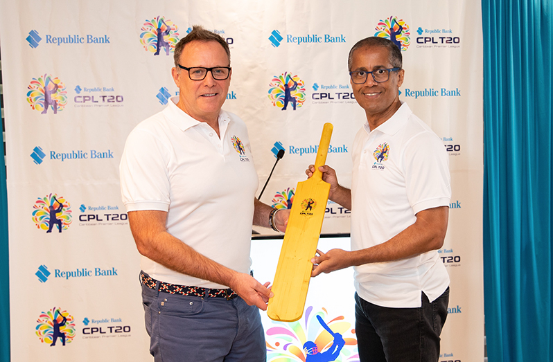Pete Russell, CEO of the Republic Bank Caribbean Premier League, and Nigel Baptiste, Group President and Chief Executive Officer for the Republic Group, celebrate the new partnership