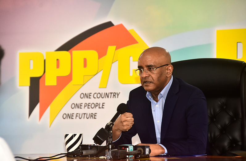 Vice-President, Dr Bharrat Jagdeo at the press conference on Thursday (Adrian Narine photo)