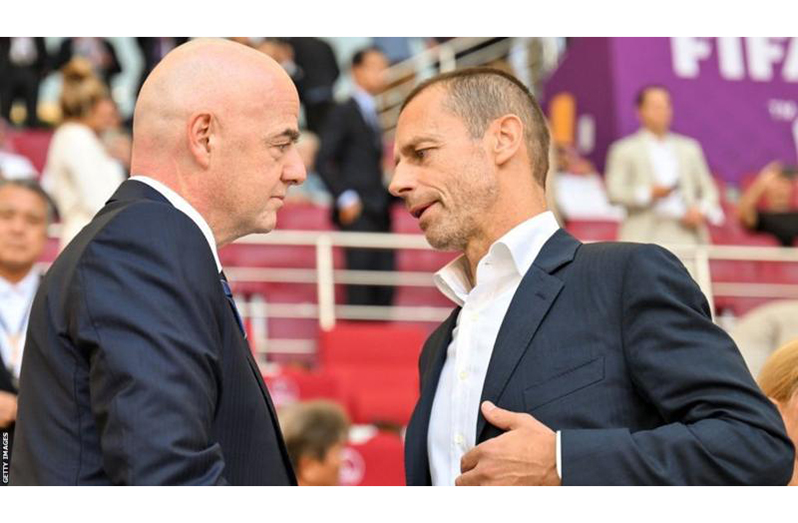 Gianni Infantino (left, with UEFA president Aleksander Ceferin) was re-elected for a third term as FIFA president earlier this month