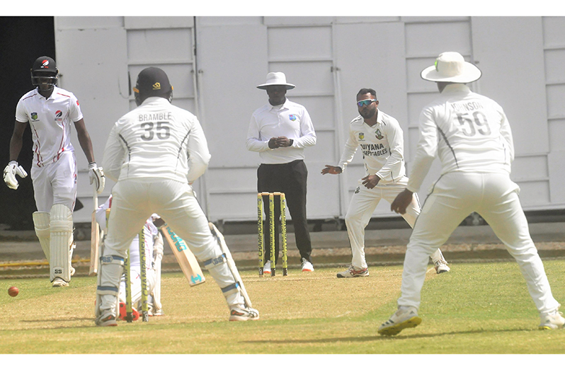 Veerasammy Permaul had 3-58 yesterday to help Guyana to their 2nd win this season (Sean Devers photo)