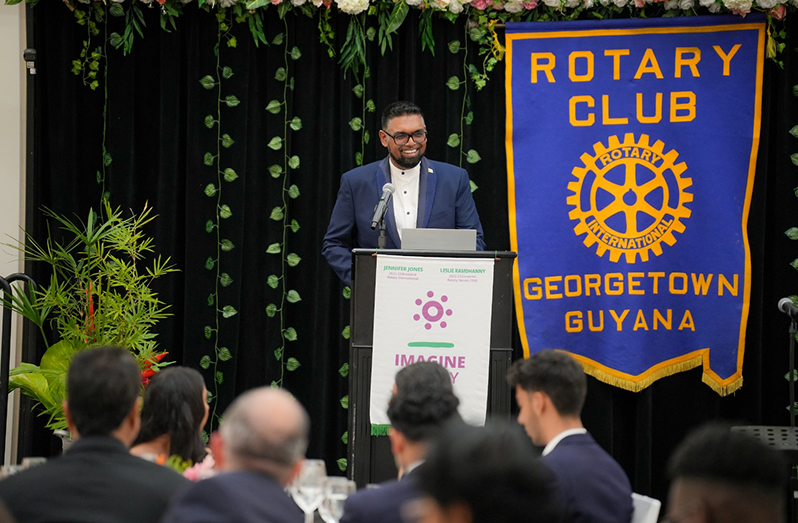 President, Dr Irfaan Ali speaking at the Georgetown Rotary Club’s World Understanding Day dinner (Office of the President photo)