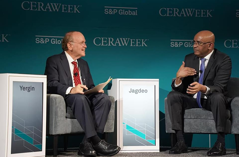 Vice-President, Dr Bharrat Jagdeo (left) and Vice Chairman of S&P global, Daniel Yergin during the CERAweek discussion, on Monday