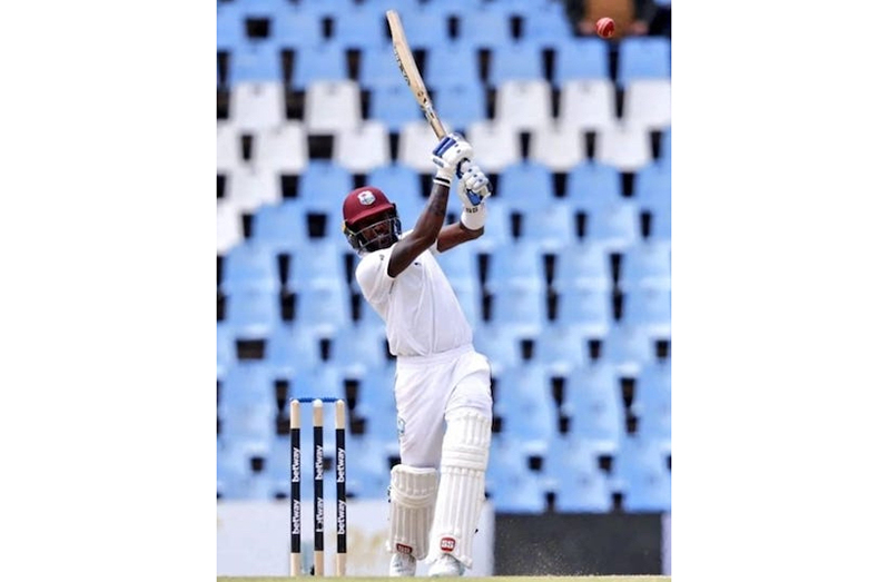 West Indies vice-captain Jermaine Blackwood plays a lofted drive during his top score of 79. (WIPA photo)