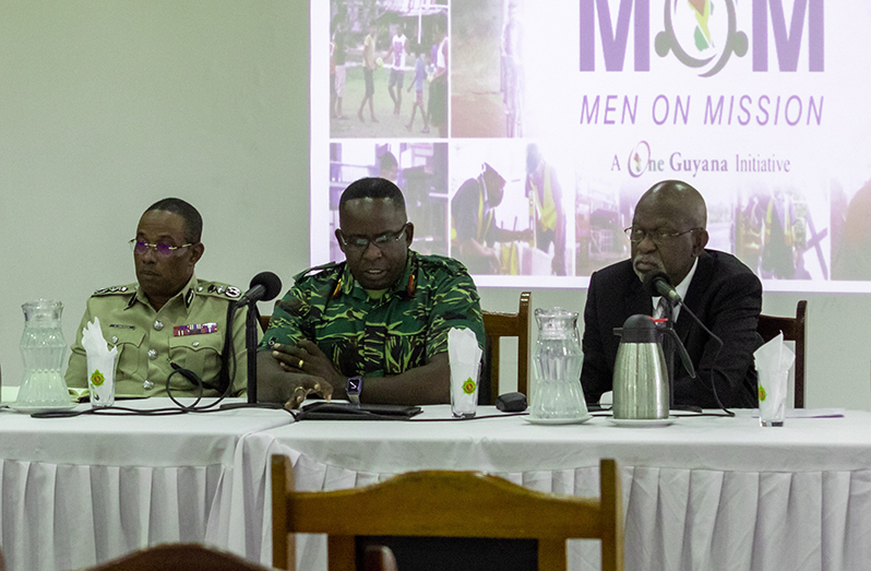 GDF Chief of Staff, Brigadier Godfrey Bess, (centre), Commissioner of Police Clifton Hicken, (left), and CEO of Tagman Media Alex Graham