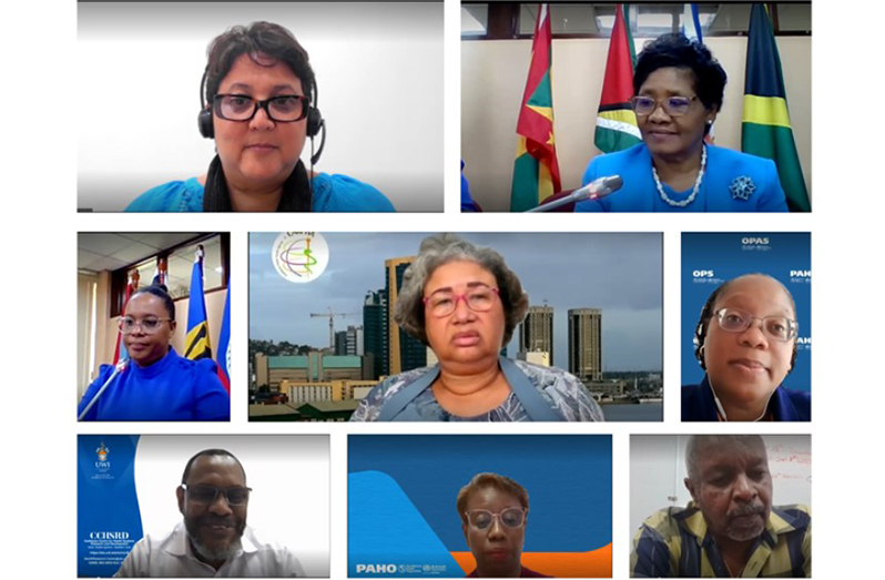 (L-R): Dr Melissa Diaz-Musa, Director, Health and Wellness, Ministry of Health and Wellness, Belize; Ms Helen Royer, Director, Human and Social Development, CARICOM Secretariat; Ms Curvelle David, Deputy Programme Manager, Health Sector Development, CARICOM Secretariat; Dr Joy St John, Executive Director, CARPHA; Dr Karen Broome, Adviser Immunization; PAHO, Professor Donald Simeon, Director, Caribbean Centre for Health Systems Research and Development and Professor of Research and Biostatistics, The University of the West Indies; Ms Sandra Jones, Technical Adviser, HIV/STI, TB & Viral Hepatitis in the Caribbean, PAHO, and Dr Kenneth George, Chief Medical Officer (CMO), Barbados