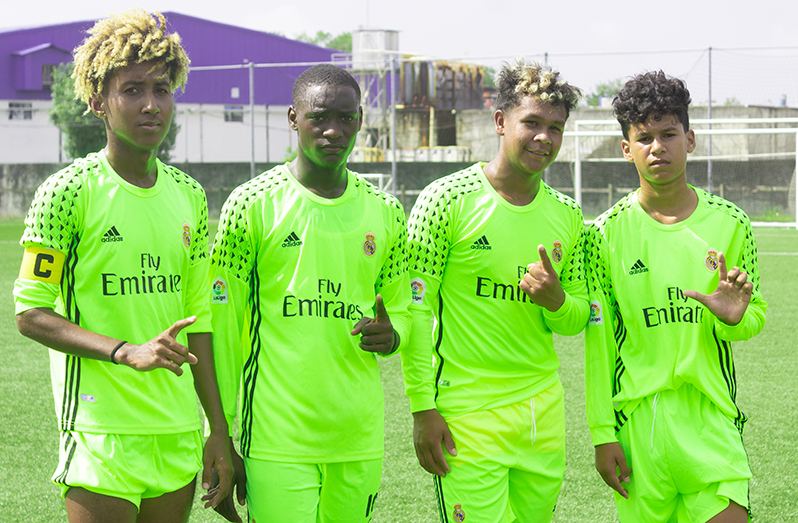 Herstelling Raiders goal-scorers from left: Orlando Dickie, Albert Adams, Levi Wilson and Israel Espinoza