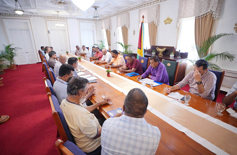 President Dr. Irfaan Ali and other government officials, and representatives from GREMA and GRDB during their recent  meeting at State House