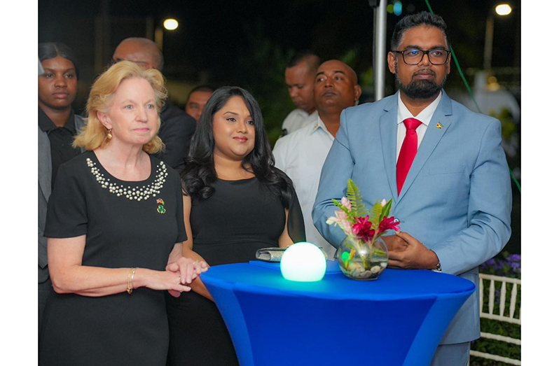 President, Dr Irfaan Ali (right); First Lady, Mrs Arya Ali (centre) and US Ambassador to Guyana Sarah-Ann Lynch. (Office of the President photo)