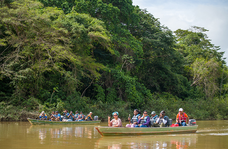 Well-known tourism operator, Melanie McTurk leading a group of media workers on a tour along the Rupununi River last November (Delano Williams photo)