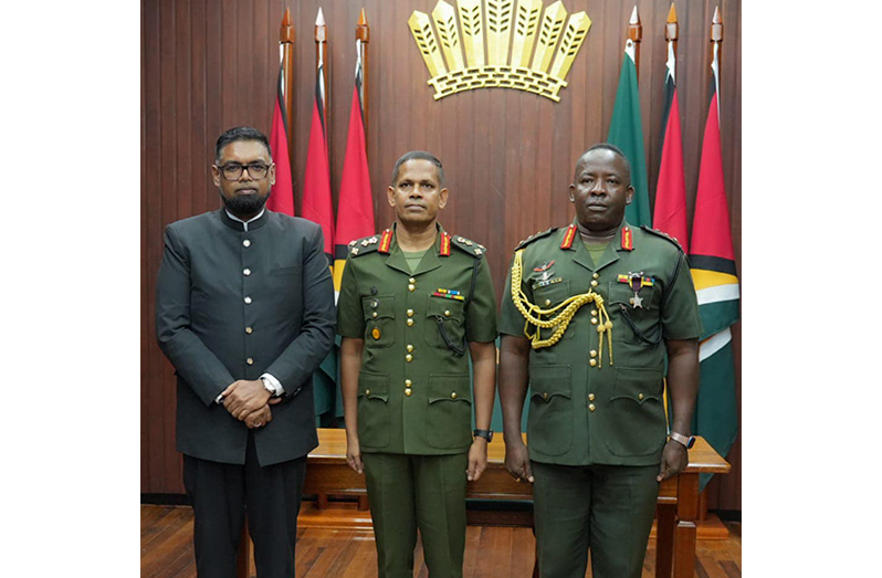 President, Dr. Irfaan Ali, during a two-part ceremony on Thursday, confirmed Brigadier Godfrey Bess as the 11th Chief of Staff of the GDF, and promoted Colonel Omar Khan to the rank of Brigadier and appointed him the new Chief of Staff (Office of the President photo)