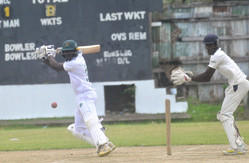 Shamar Yearwood with confidence during his destrucitive century yesterday at Bourda (Sean Devers photo)