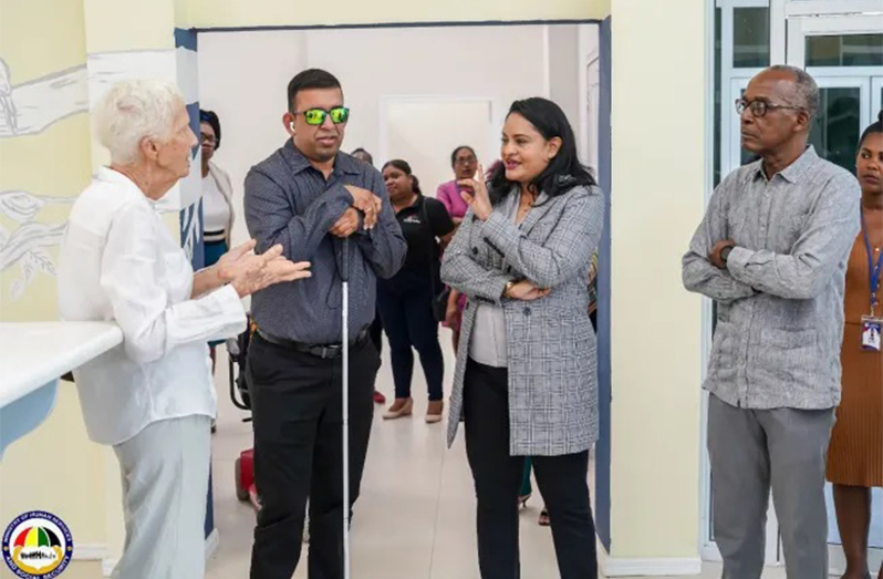 Minister of Human Services and Social Security Dr. Vindhya Persaud (second from right) along with Minister of Labour Joseph Hamilton (extreme right), Ganesh Singh of the Guyana Society of the Blind (second from left) and Sabane McIntosh from the Guyana Deaf Association (extreme left) give feedback on the Learning Lab during the inspection (DPI photo)