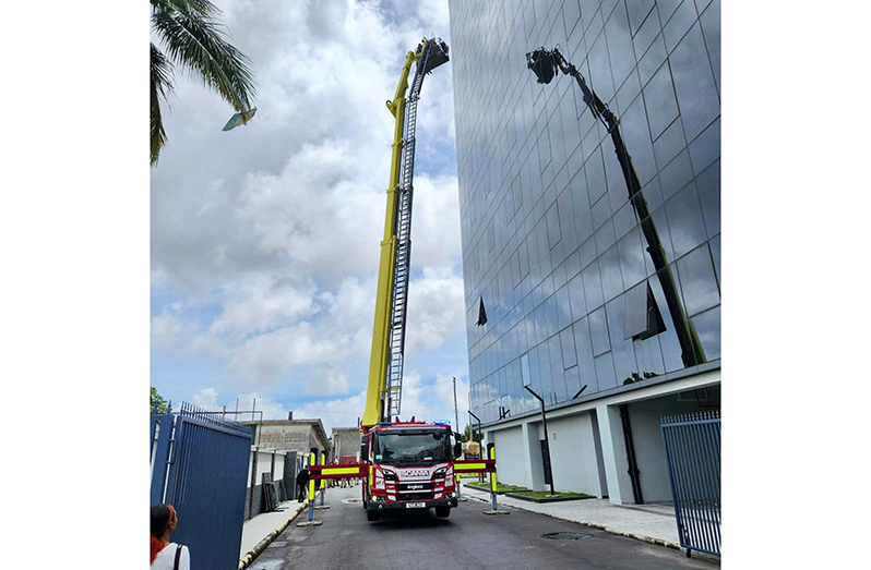 The new hydraulic platform is capable of reaching a height of 150 feet as seen in this demonstration at the new Pegasus Hotel