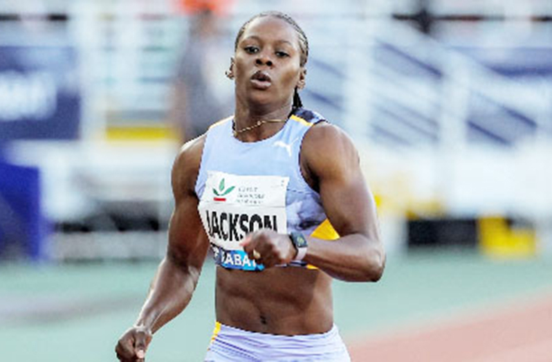 Jamaican Shericka Jackson runs at the Rabat Grand Prix