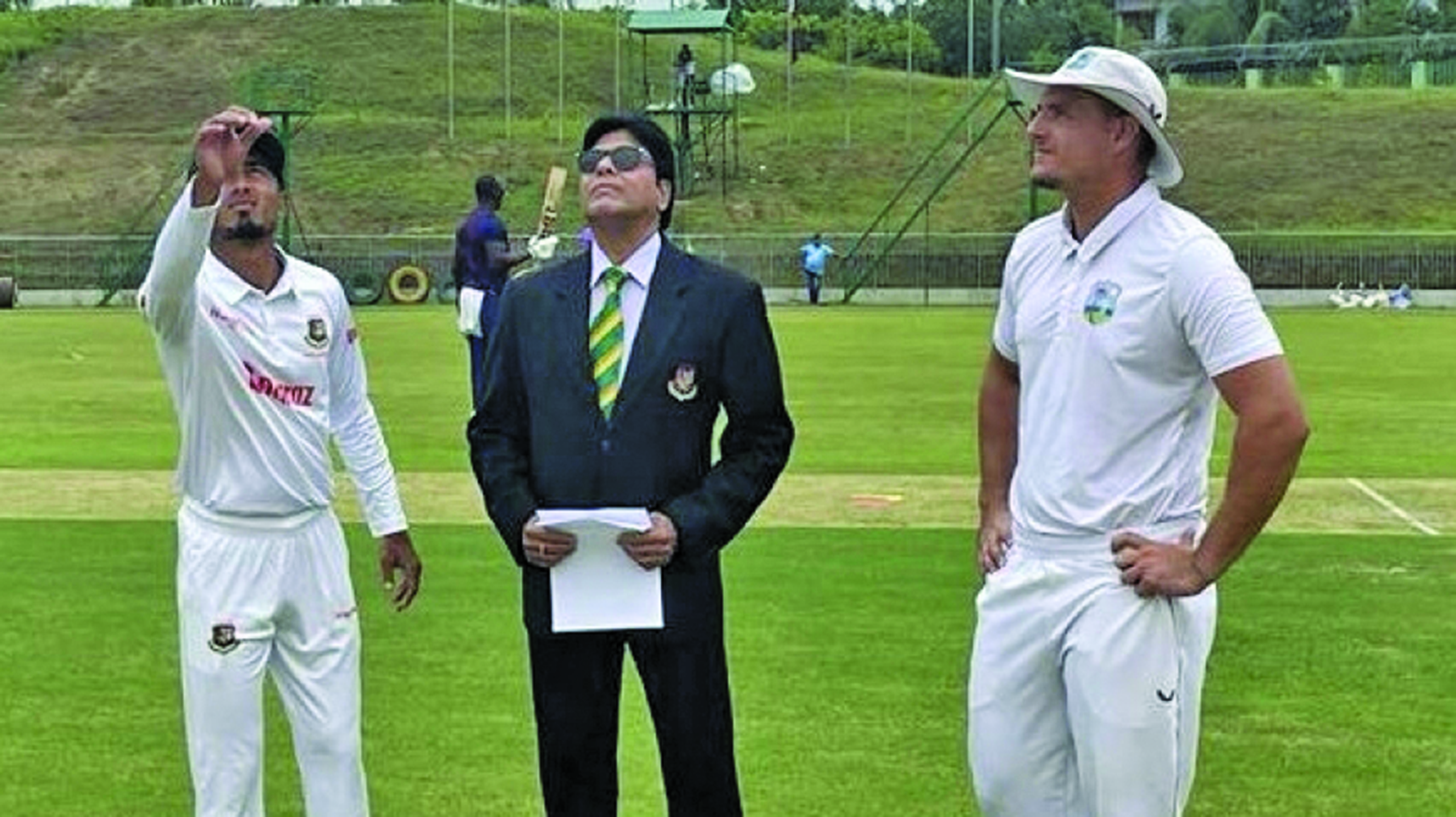Bangladesh "A" captain Shadman Islam and West Indies "A" captain Joshua Da Silva at the toss ahead of day one of the second four-day "Test"