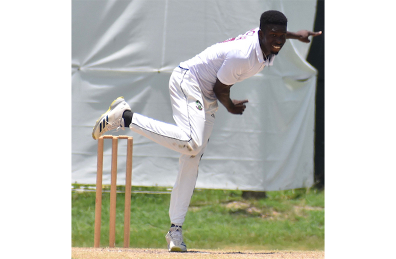 Team Weekes off-spinner Kevin Sinclair sends down another delivery during his destructive spell against Team Headley in the Headley-Weekes Tri-Series on Friday at the Coolidge Cricket Ground in Antigua (CWI Media photo)