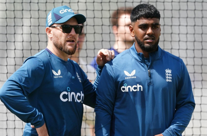 England  young leggie Rehan Ahmed with  head coach Brendon McCullum).