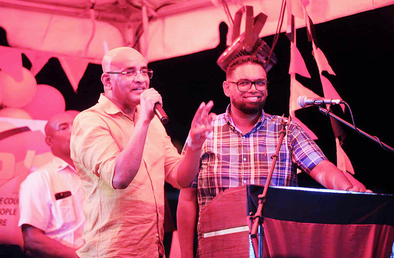 General Secretary of the PPP/C, Dr Bharrat Jagdeo and President Dr Irfaan Ali, addressed scores of supporters at Leonora, West Coast Demerara on Saturday night (Latchman Singh photos)