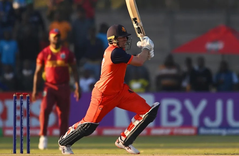 Logan van Beek scored 30 runs in the Super Over  • ( ICC via Getty Images)
