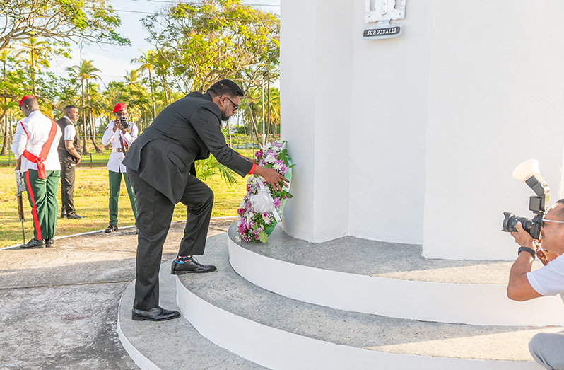 President Ali lays a wreath at the Enmore Martyrs Monument, on the East Coast Demerara (Delano Williams photos)