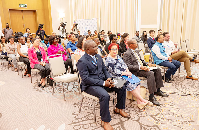 From the left to right: The United Nations High Commissioner for Refugees (UNHCR), Henry Sylvain Yakara; Minister of Parliamentary Affairs and Governance, Gail Teixeira and Ambassador George Talbot (Delano Williams Photo)