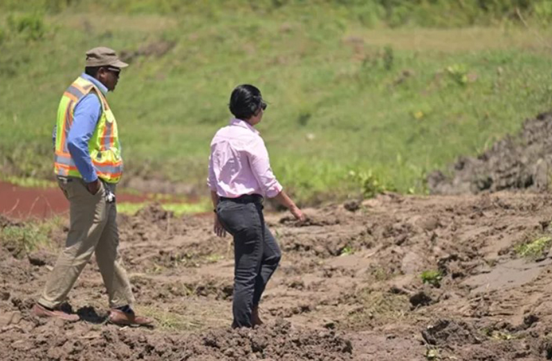 Minister within the Ministry of Housing and Water Susan Rodrigues alongside engineers inspecting developmental works at Good Hope, East Coast Demerara