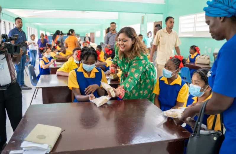 Minister of Education Priya Manickchand at the launch of the breakfast programme at the Mackenzie Primary School in Region 10