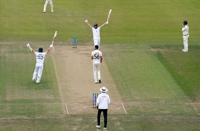 Chris Woakes and Mark Wood start the celebrations after the winning hit•Jul 09, 2023•PA Photos/Getty Images