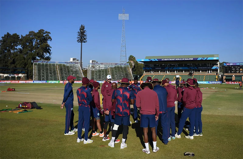 The West Indies players get into a huddle ahead of play•Jul 05, 2023•ICC via Getty Images