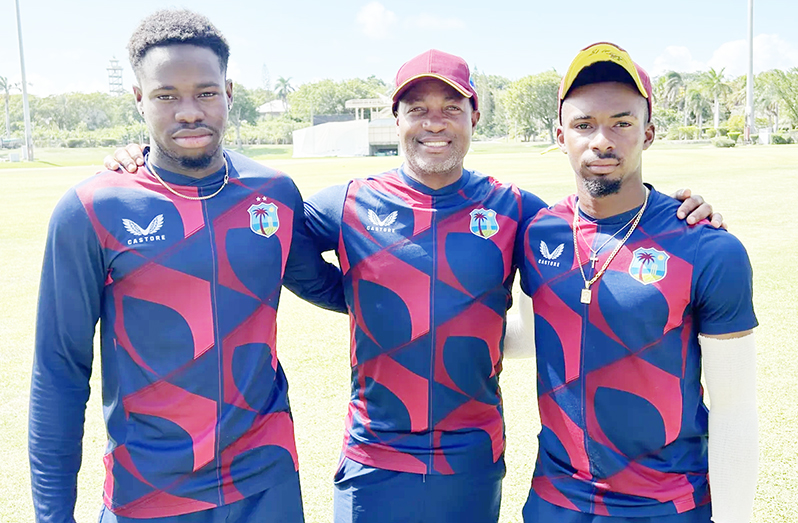 Brian Lara (centre) with Kirk McKenzie (left) and Alick Athanaze