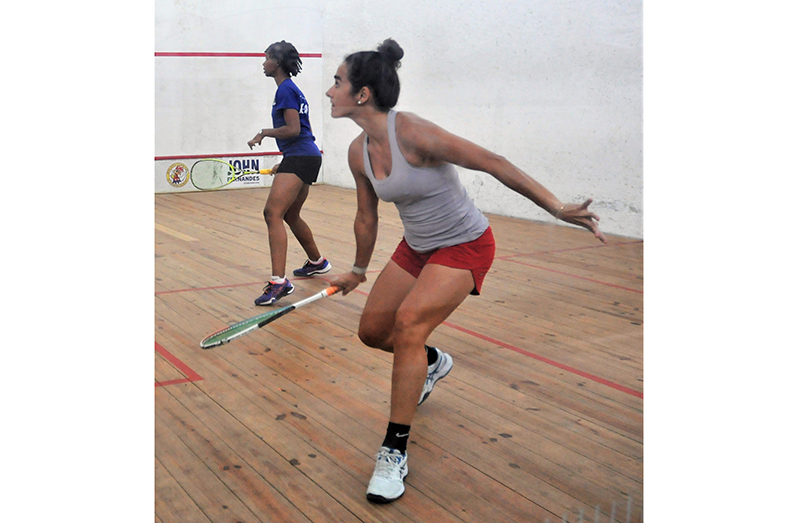 Nicolette Fernandes (right) beat a 'game' Larrissa Wiltshire 11-4, 11-5, 11-2 at the Georgetown Club (Sean Devers photo)