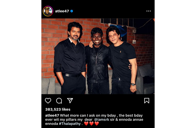 Actor, Thalapathy Vija, Director Atlee and actor, Shah Rukh Khan (Atlee47 @Instagram)