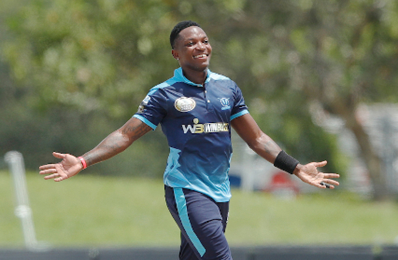 Fast bowler Fidel Edwards celebrates a wicket during his hat-trick in the US Masters T10 on Tuesday. (Photo courtesy US Masters T10 Media)