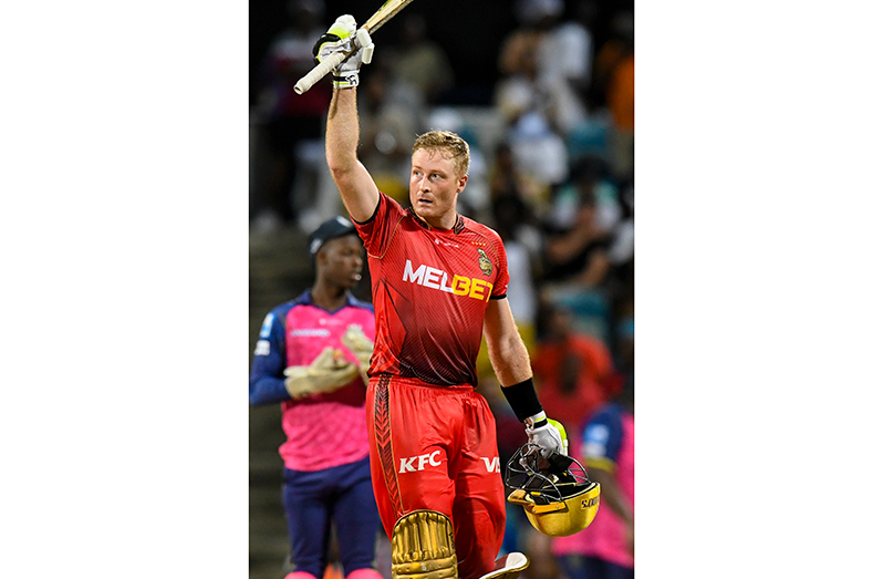 Martin Guptill of Trinbago Knight Riders celebrates his century during the Men's 2023 Republic Bank Caribbean Premier League match 13 between Barbados Royals and Trinbago Knight Riders at Kensington Oval on August 30, 2023 in Bridgetown, Barbados (Photo by Randy Brooks/CPL T20 via Getty Images)