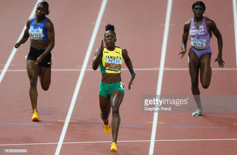 Shericka Jackson of Team Jamaica wins the Women's 200m Final during day seven of the World Athletics Championships Budapest 2023 at National Athletics Centre on August 25, 2023 in Budapest, Hungary (Photo by Stephen Pond/Getty Images for World Athletics)