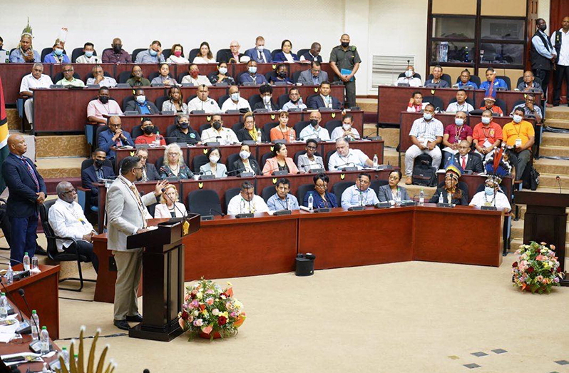 President, Dr Irfaan Ali addresses indigenous leaders in the presence of diplomats and special invitees at the opening ceremony of the NTC Conference last year