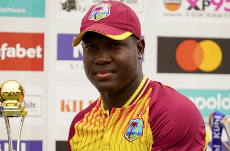 West Indies T20 Captain Rovman Powell with the Player of the Series trophy that was won by Nicholas Pooran. The Trinidadian batsman had to skip out on the closing ceremonies to catch a flight.