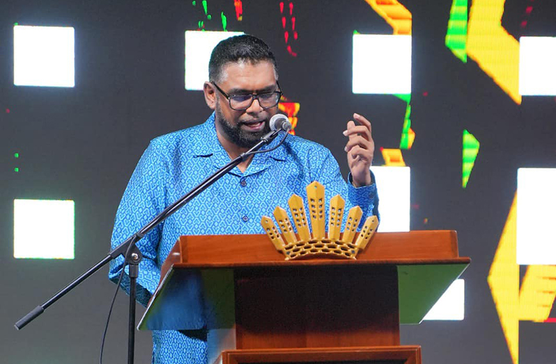 President, Dr Irfaan Ali delivers his feature address at State House (Office of the President photo)