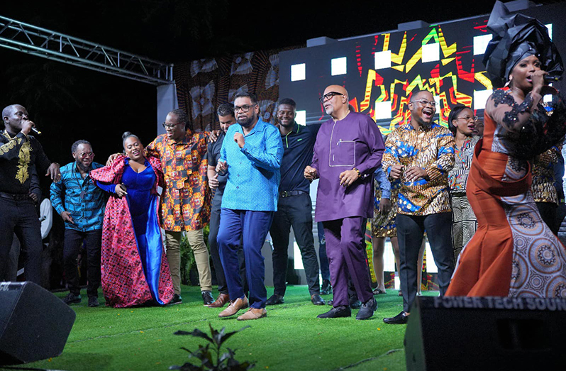 President, Dr. Mohamed Irfaan Ali and Dr. Richard Van-West Charles at the Emancipation Celebration at State House on Friday night (Office of the President Photo)